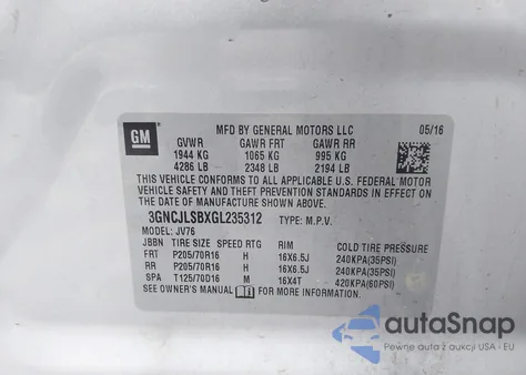 2016 Chevrolet Trax Lt z USA, uszkodzony, nr VIN 3GNCJLSBXGL235312